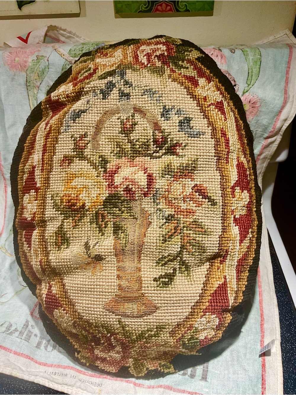 Handcrafted antique freshlyFloral Needlepoint cushion - Beige, Rose & Green